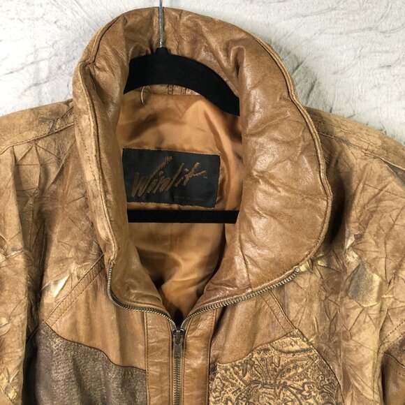 Vintage Winlit Leather Jacket Womens Medium Brown Patchwork Bomber Coat 80s - Picture 13 of 16